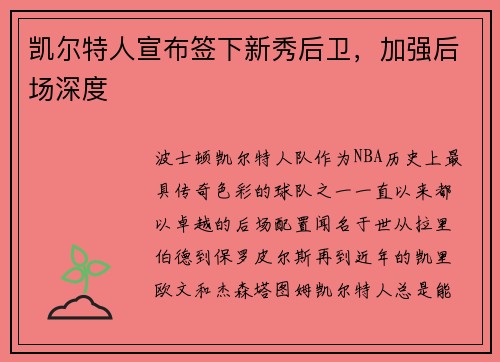 凯尔特人宣布签下新秀后卫，加强后场深度