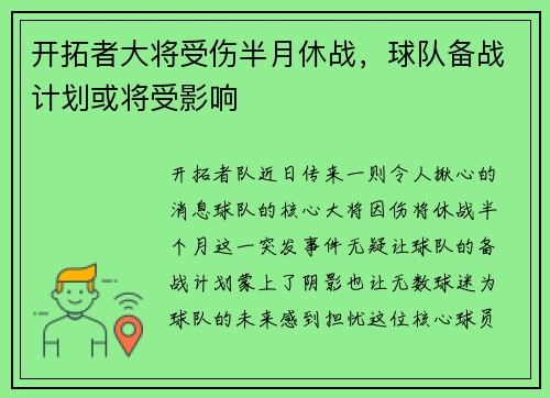 开拓者大将受伤半月休战，球队备战计划或将受影响