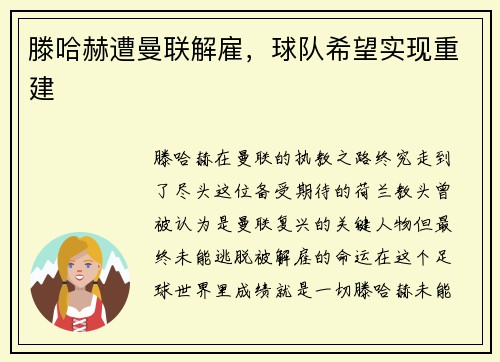 滕哈赫遭曼联解雇，球队希望实现重建