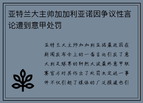 亚特兰大主帅加加利亚诺因争议性言论遭到意甲处罚