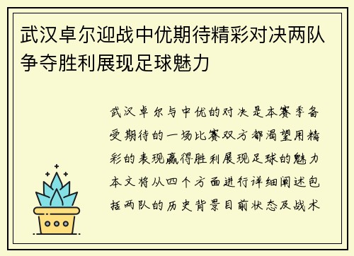 武汉卓尔迎战中优期待精彩对决两队争夺胜利展现足球魅力