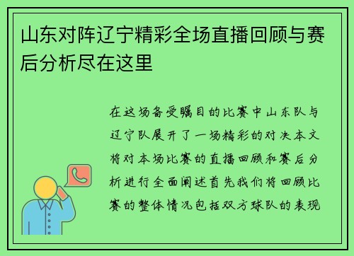 山东对阵辽宁精彩全场直播回顾与赛后分析尽在这里