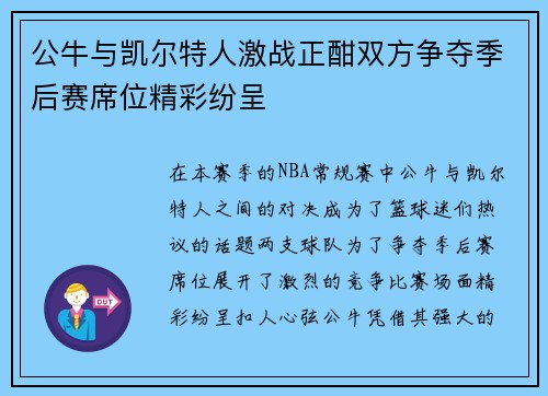 公牛与凯尔特人激战正酣双方争夺季后赛席位精彩纷呈