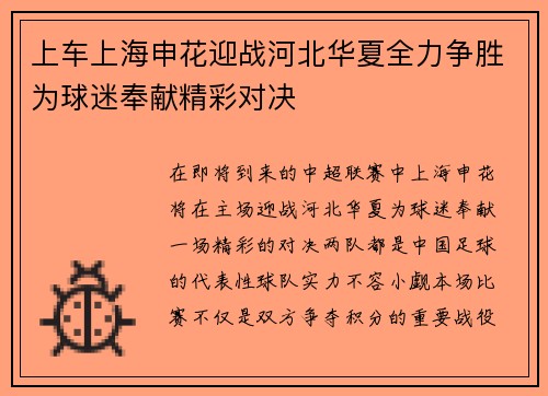 上车上海申花迎战河北华夏全力争胜为球迷奉献精彩对决