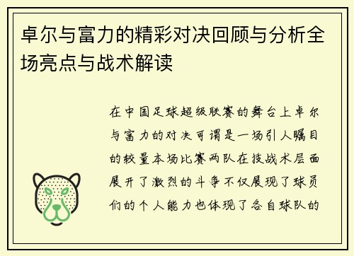 卓尔与富力的精彩对决回顾与分析全场亮点与战术解读