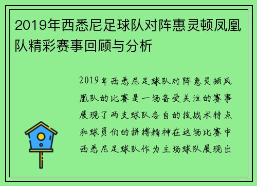 2019年西悉尼足球队对阵惠灵顿凤凰队精彩赛事回顾与分析