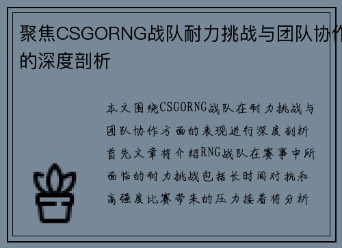 聚焦CSGORNG战队耐力挑战与团队协作的深度剖析