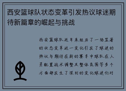 西安篮球队状态变革引发热议球迷期待新篇章的崛起与挑战