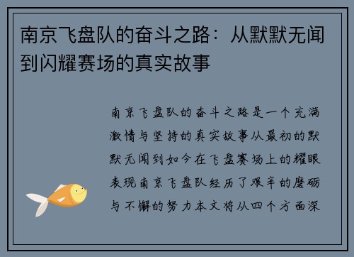 南京飞盘队的奋斗之路：从默默无闻到闪耀赛场的真实故事
